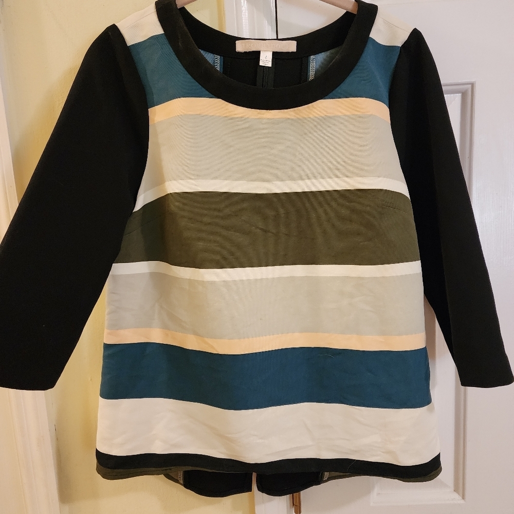 Troubadour Anthropologie Women’s Black Gray Teal Green Rugby Stripe Blouse